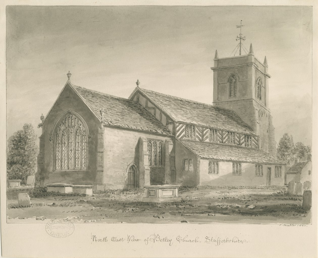Kościół Betley: rysunek w sepii, 1840 autorstwa John Buckler
