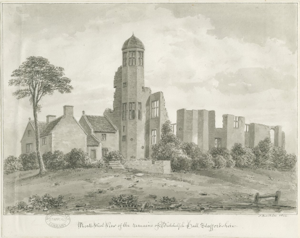 Biddulph Hall (stary): rysunek w sepii autorstwa John Buckler