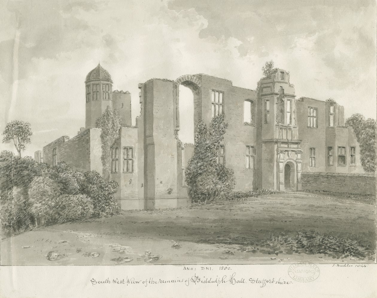 Biddulph Hall (stary): rysunek w sepii autorstwa John Buckler