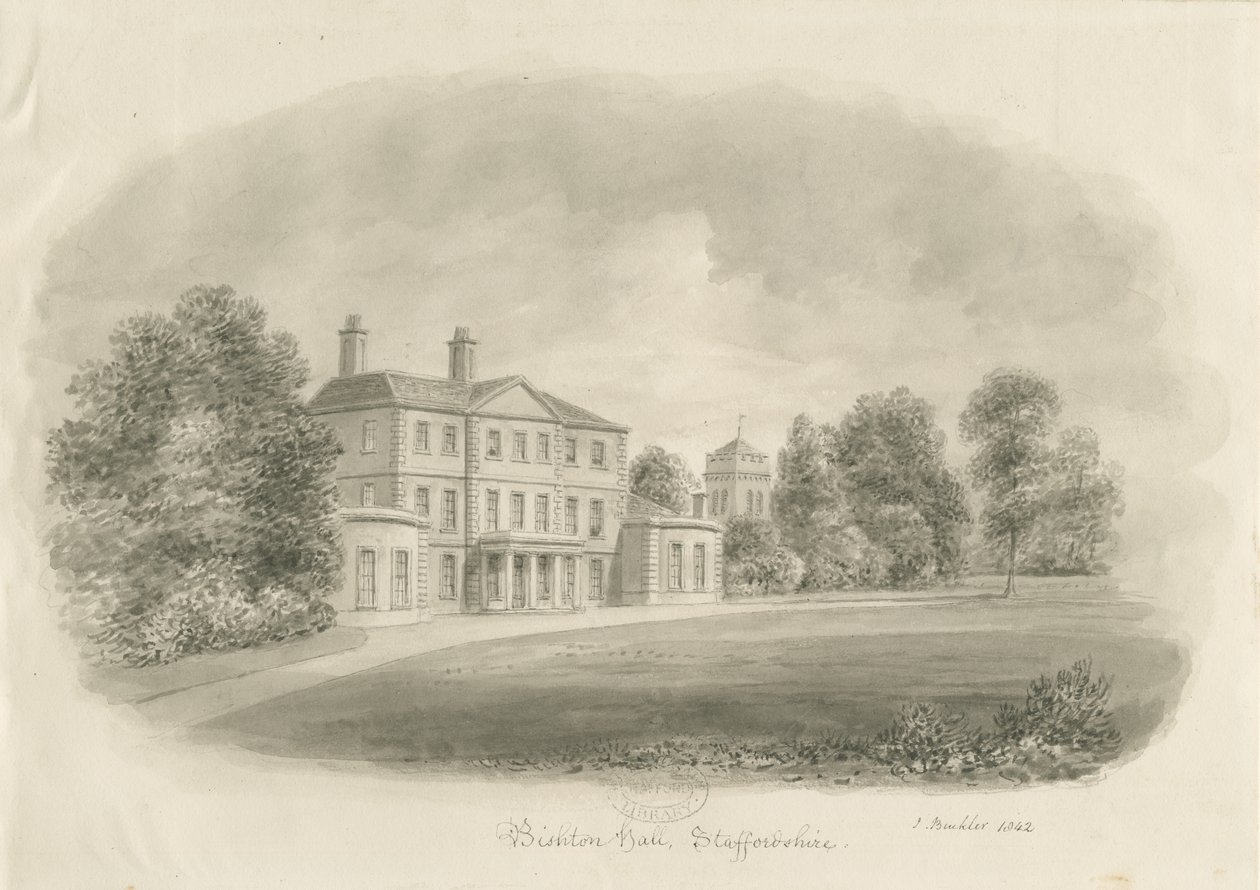 Bishton Hall: rysunek w sepii autorstwa John Buckler