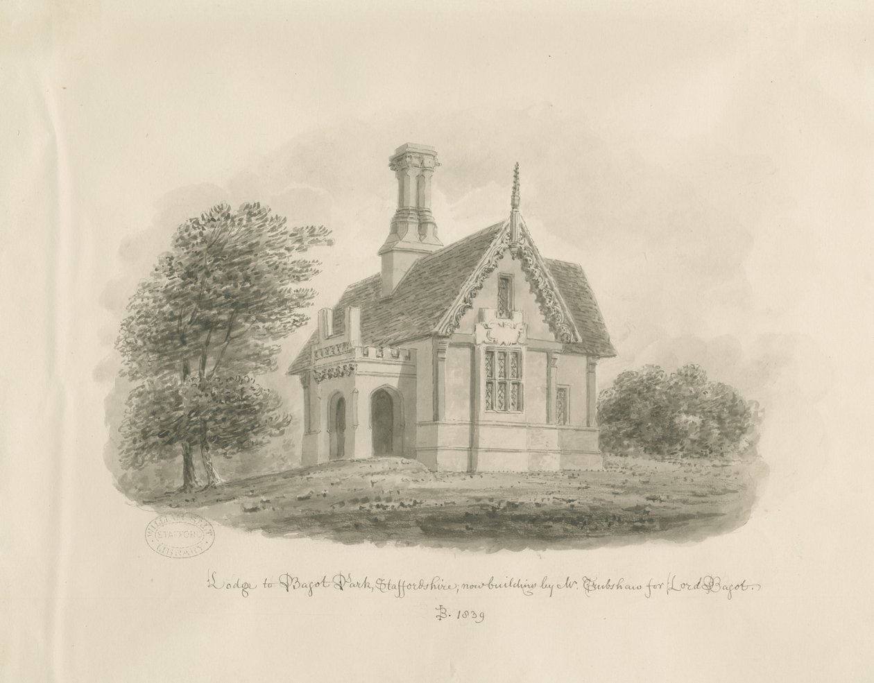 Blithfield - „Lodge at Bagot Park”: rysunek w sepii autorstwa John Buckler