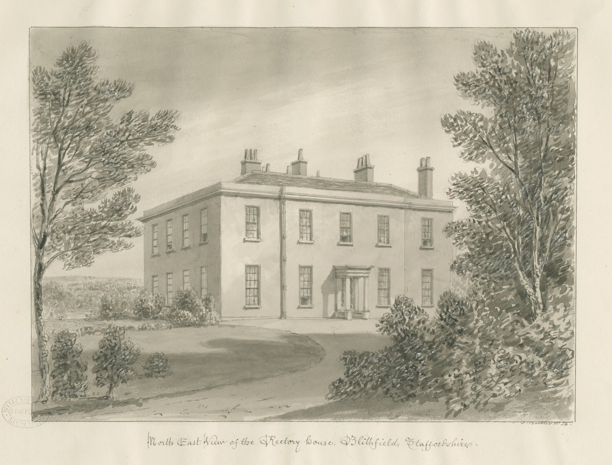 Blithfield - Plebania: rysunek w sepii, 1824 autorstwa John Buckler