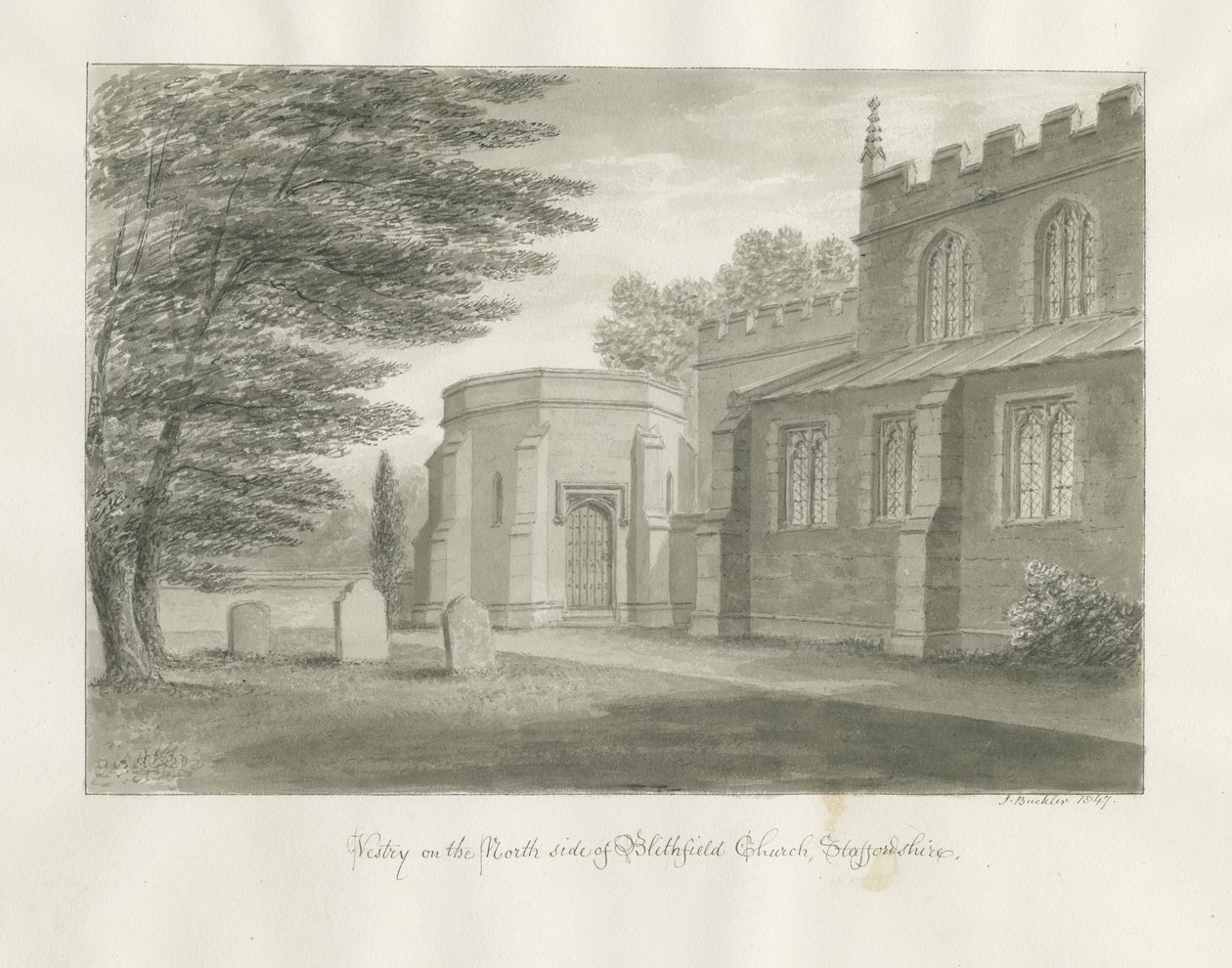 Kościół w Blithfield: rysunek w sepii, 1847 autorstwa John Buckler