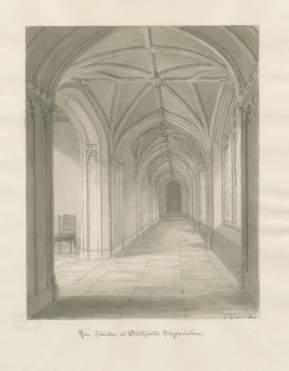 Blithfield Hall - Krużganki: rysunek w sepii autorstwa John Buckler