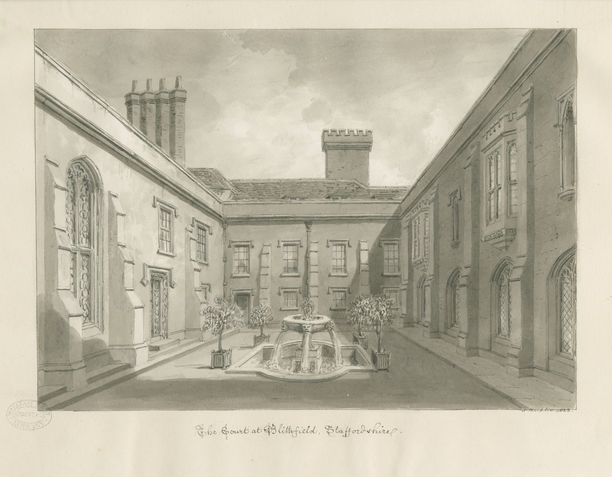 Blithfield Hall - Dziedziniec: rysunek w sepii autorstwa John Buckler