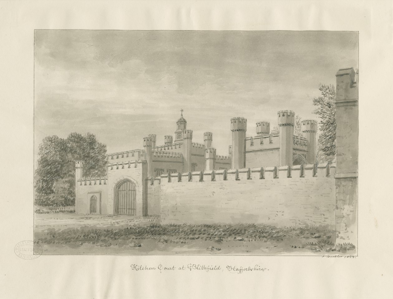 Blithfield Hall - Kitchen Court: rysunek w sepii autorstwa John Buckler