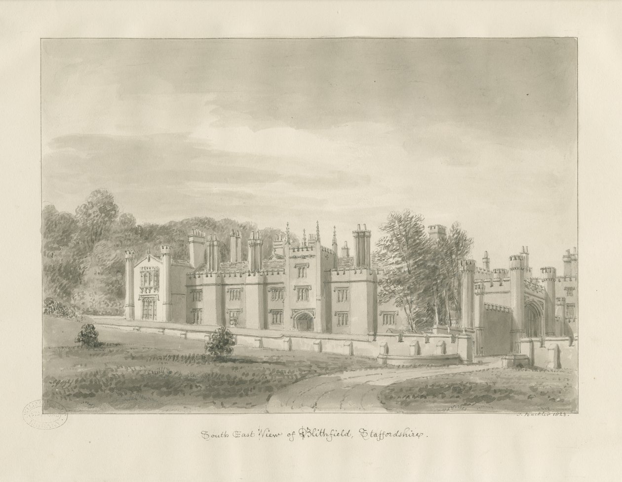 Sala Blithfield: rysunek w sepii, 1823 autorstwa John Buckler