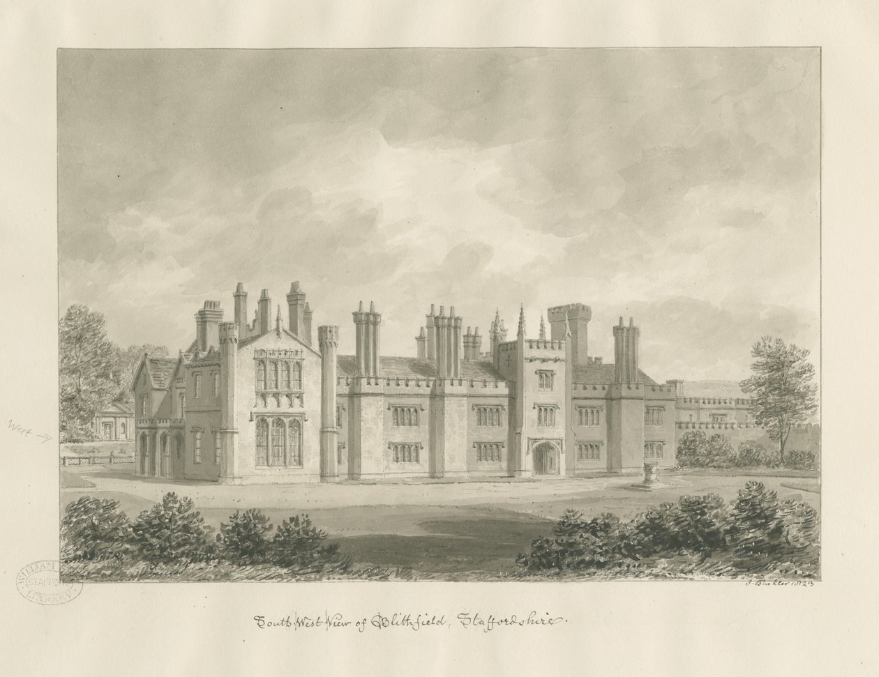Sala Blithfield: rysunek w sepii, 1823 autorstwa John Buckler