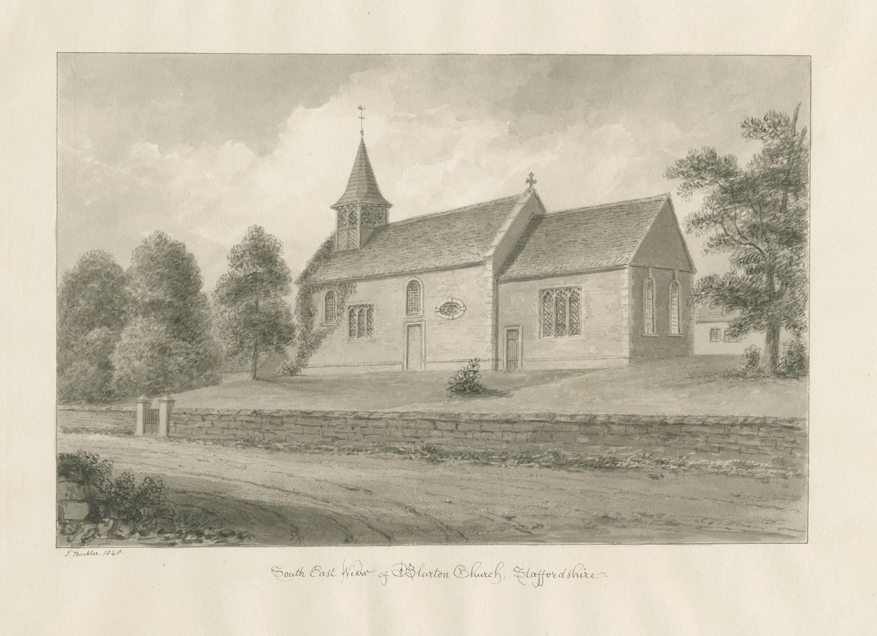 Kościół Blurton: rysunek w sepii, 1848 autorstwa John Buckler