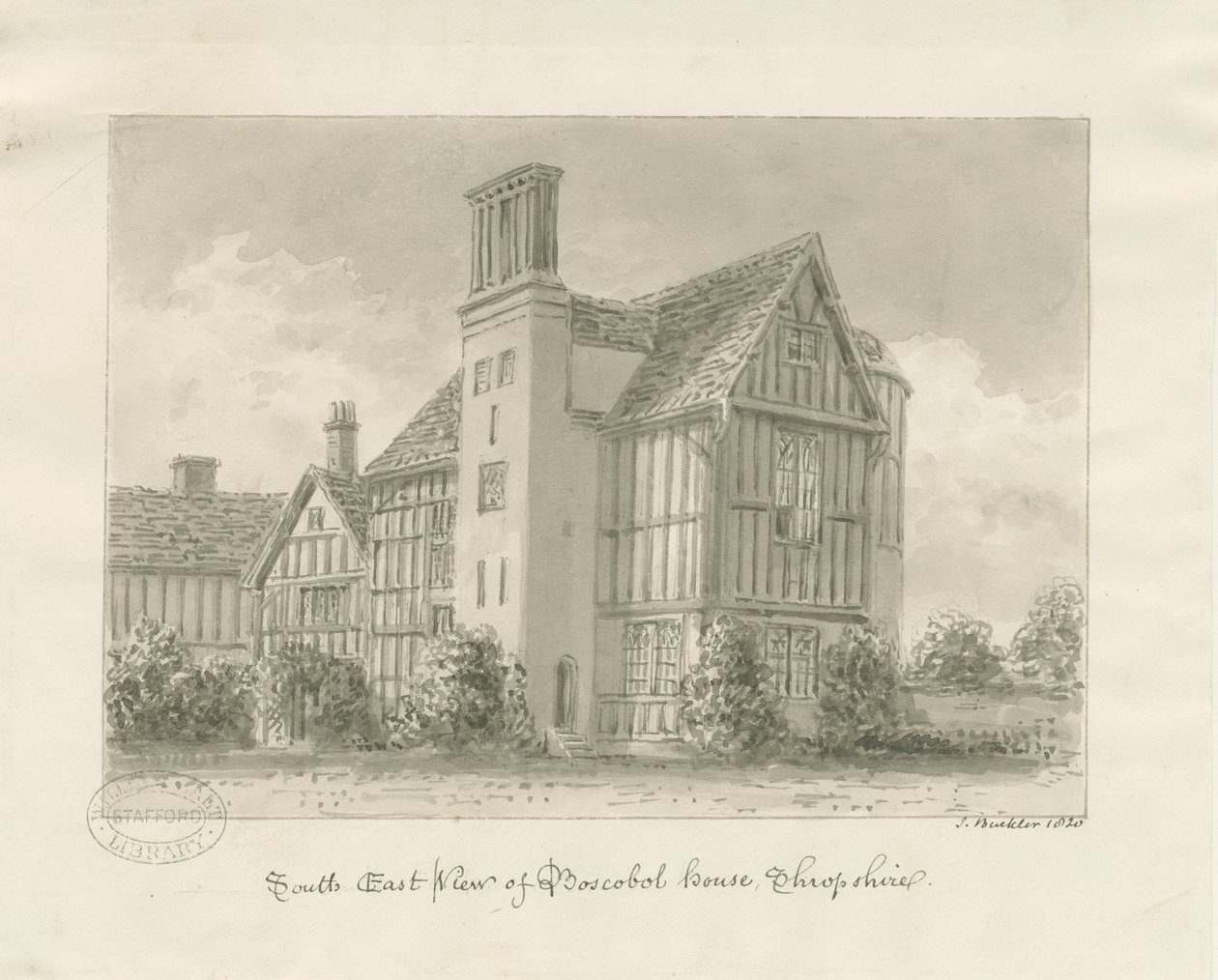 Boscobel House: pranie w sepii autorstwa John Buckler