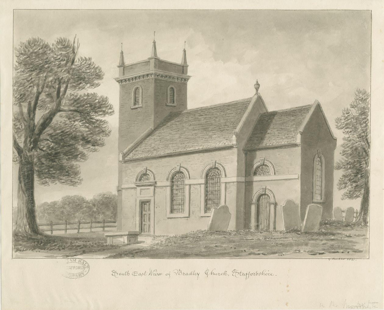 Kościół Bradley-in-the-Maors: rysunek w sepii, 1841 autorstwa John Buckler