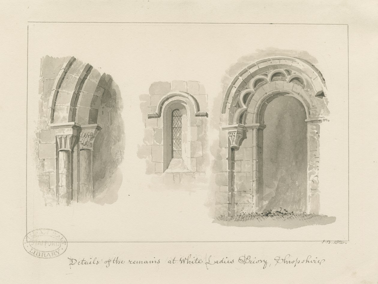 Brewood - Whiteladies Priory (ruiny): rysunek w sepii autorstwa John Buckler