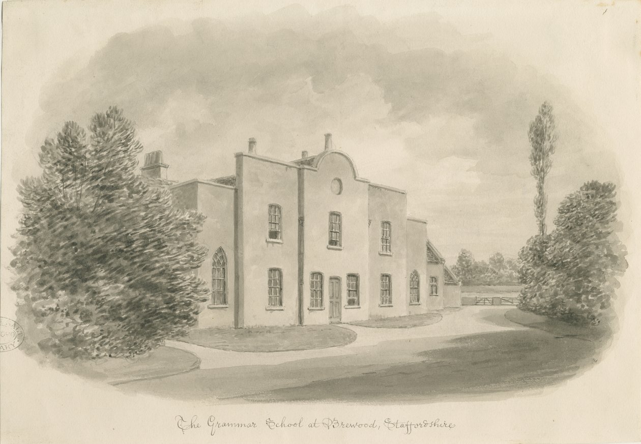 Brewood Grammar School: rysunek w sepii, bd [ok. 1842] (rysunek) autorstwa John Buckler
