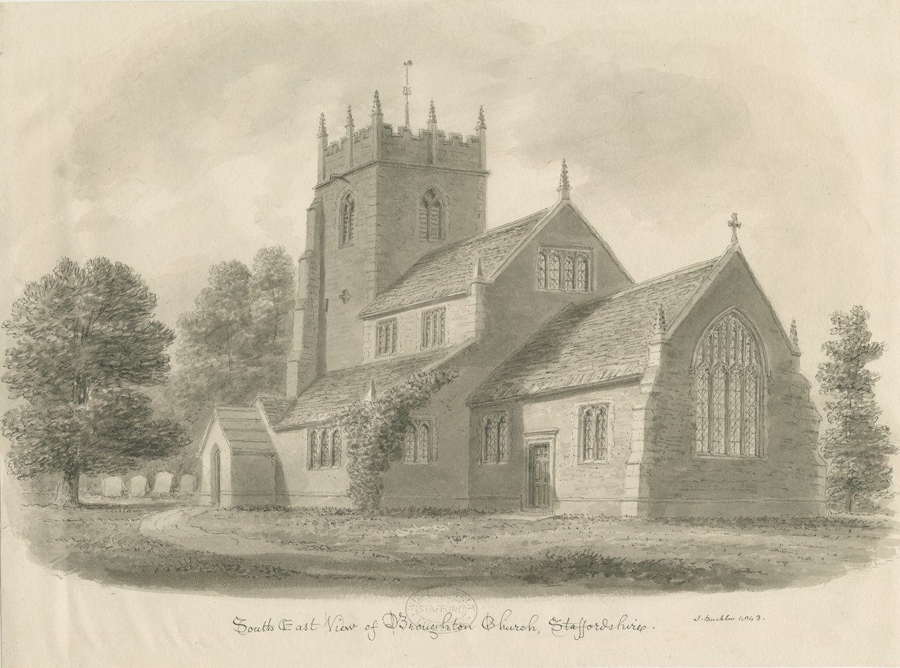 Kościół Broughton: rysunek w sepii, 1843 autorstwa John Buckler