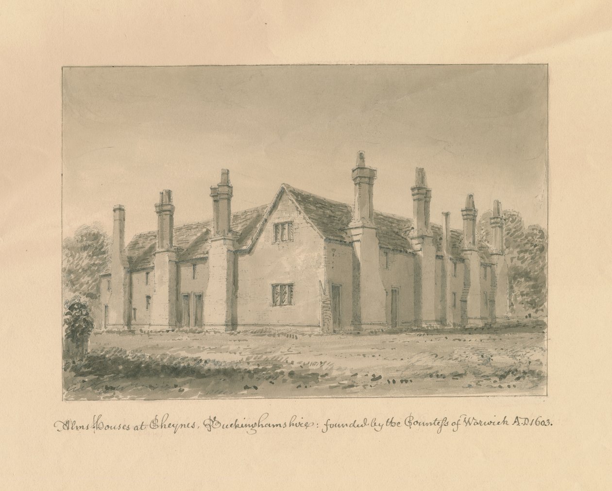 Buckinghamshire - Chenies Hall - Jałmużny: rysunek w sepii, 1824 autorstwa John Buckler