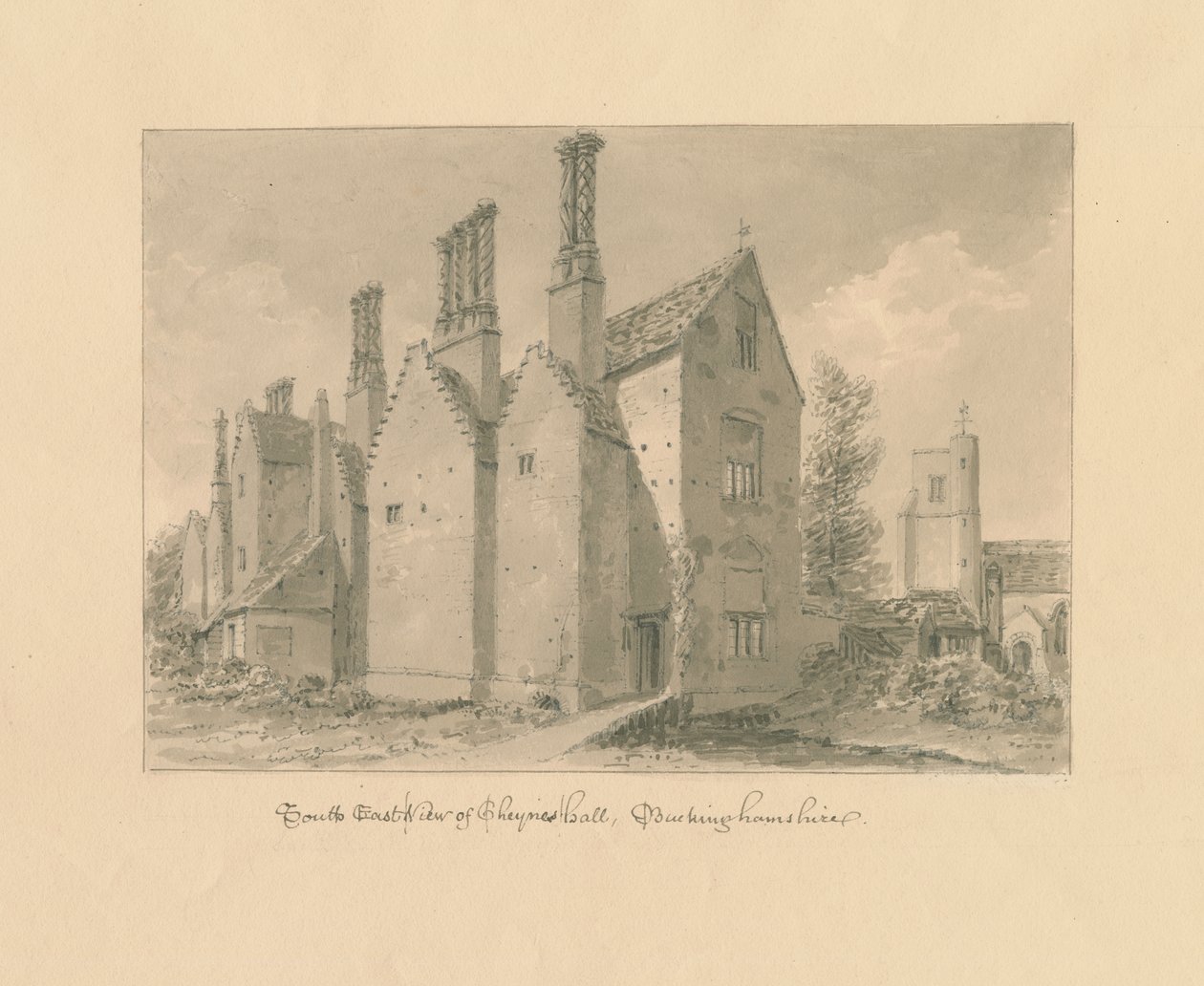 Buckinghamshire - Chenies Hall: rysunek w sepii autorstwa John Buckler