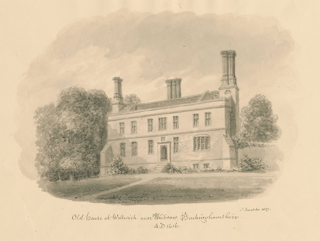 Buckinghamshire - Wellwick - Stary dom: winietowany rysunek w sepii, 1837 autorstwa John Buckler