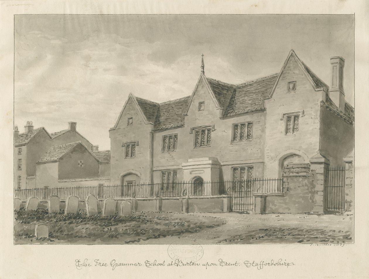Burton-upon-Trent - Grammar School: rysunek w sepii autorstwa John Buckler