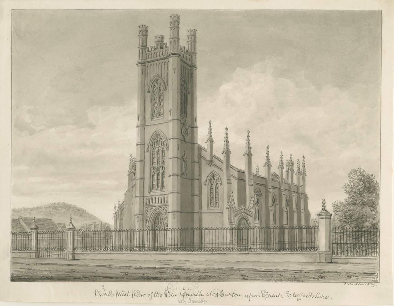 Burton-upon-Trent - Kościół Świętej Trójcy: rysunek w sepii, 1839 autorstwa John Buckler
