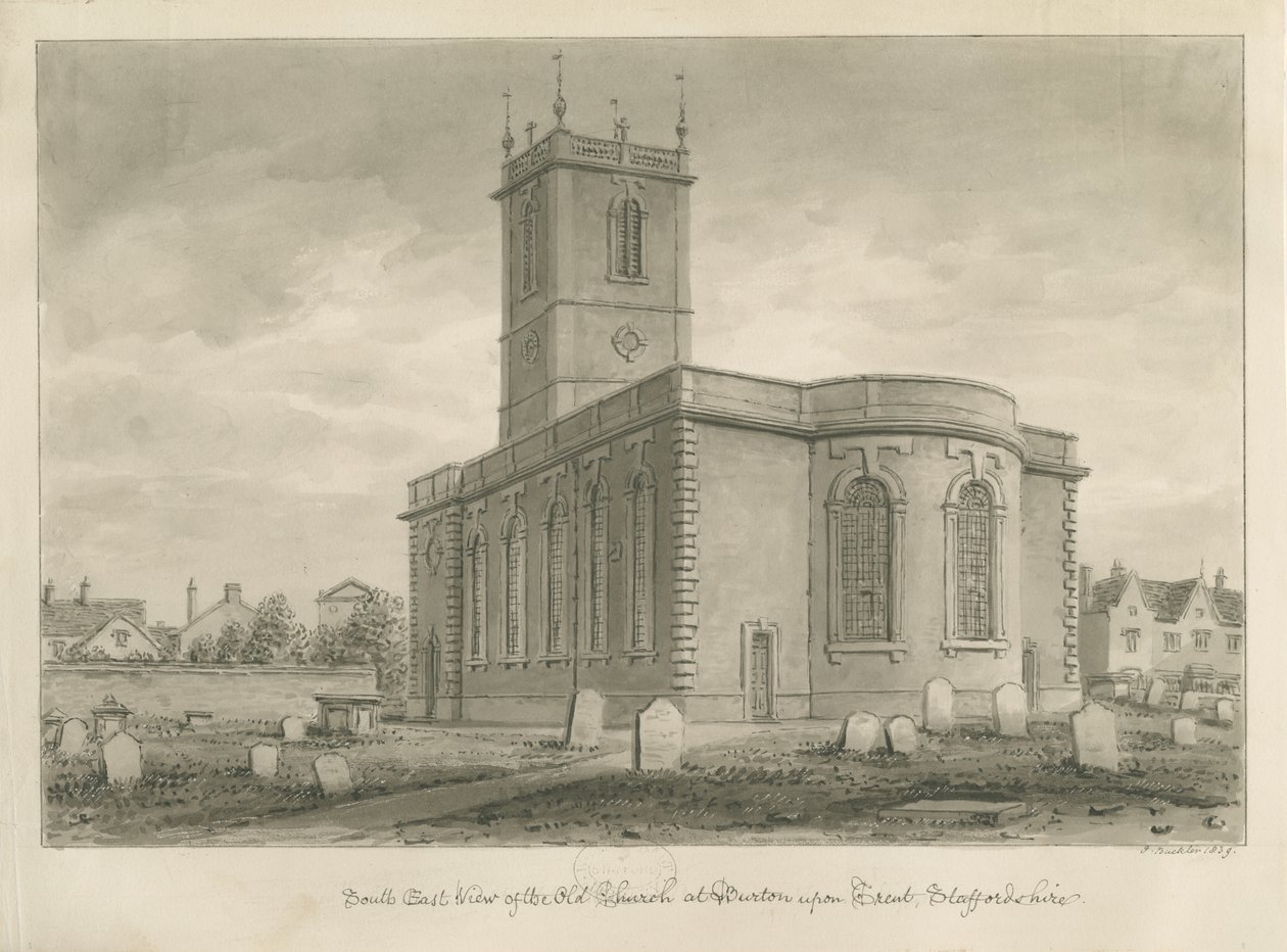 Burton-upon-Trent - Stary Kościół: rysunek w sepii autorstwa John Buckler
