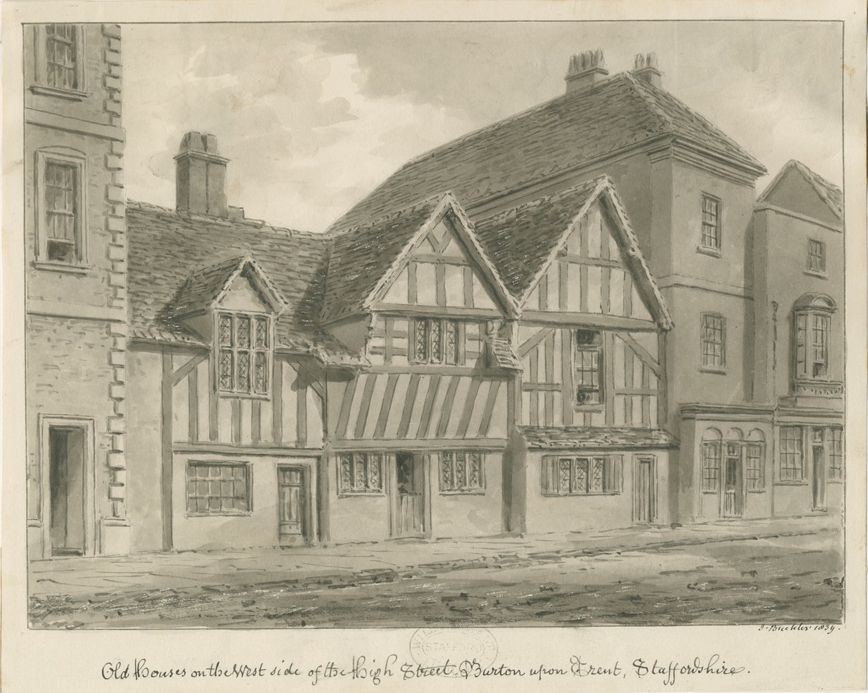 Burton-upon-Trent - Stare domy przy High Street: rysunek w sepii, 1839 autorstwa John Buckler