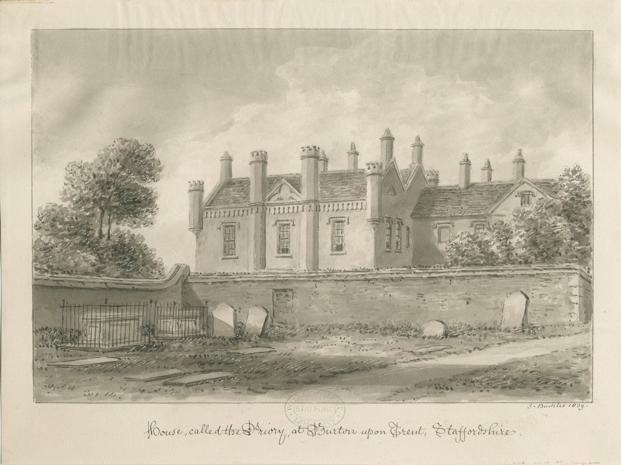 Burton-upon-Trent - Priory House: rysunek w sepii autorstwa John Buckler