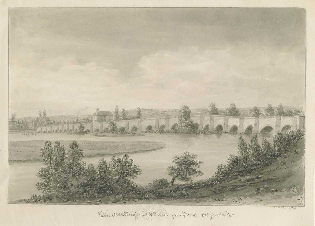 Burton-upon-Trent Bridge and Town: rysunek w sepii autorstwa John Buckler