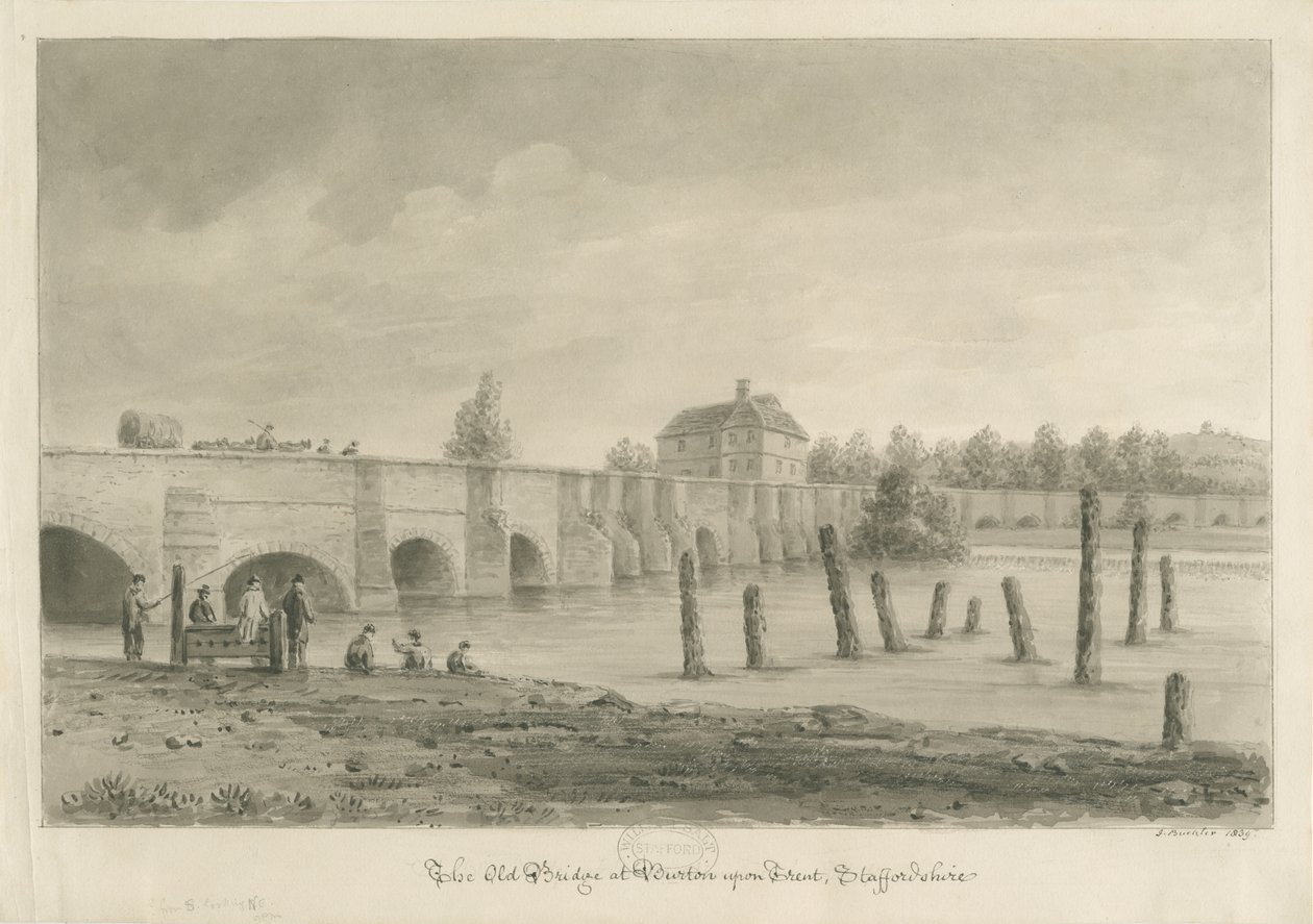 Burton-upon-Trent Bridge and Town: rysunek w sepii, 1839 autorstwa John Buckler