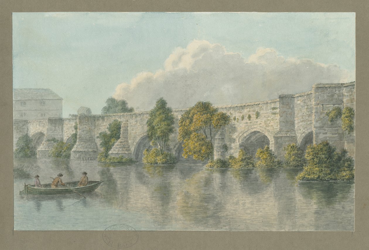 Burton-upon-Trent Bridge and Town: malowanie akwarelą i [?XVIII wiek] autorstwa John Buckler