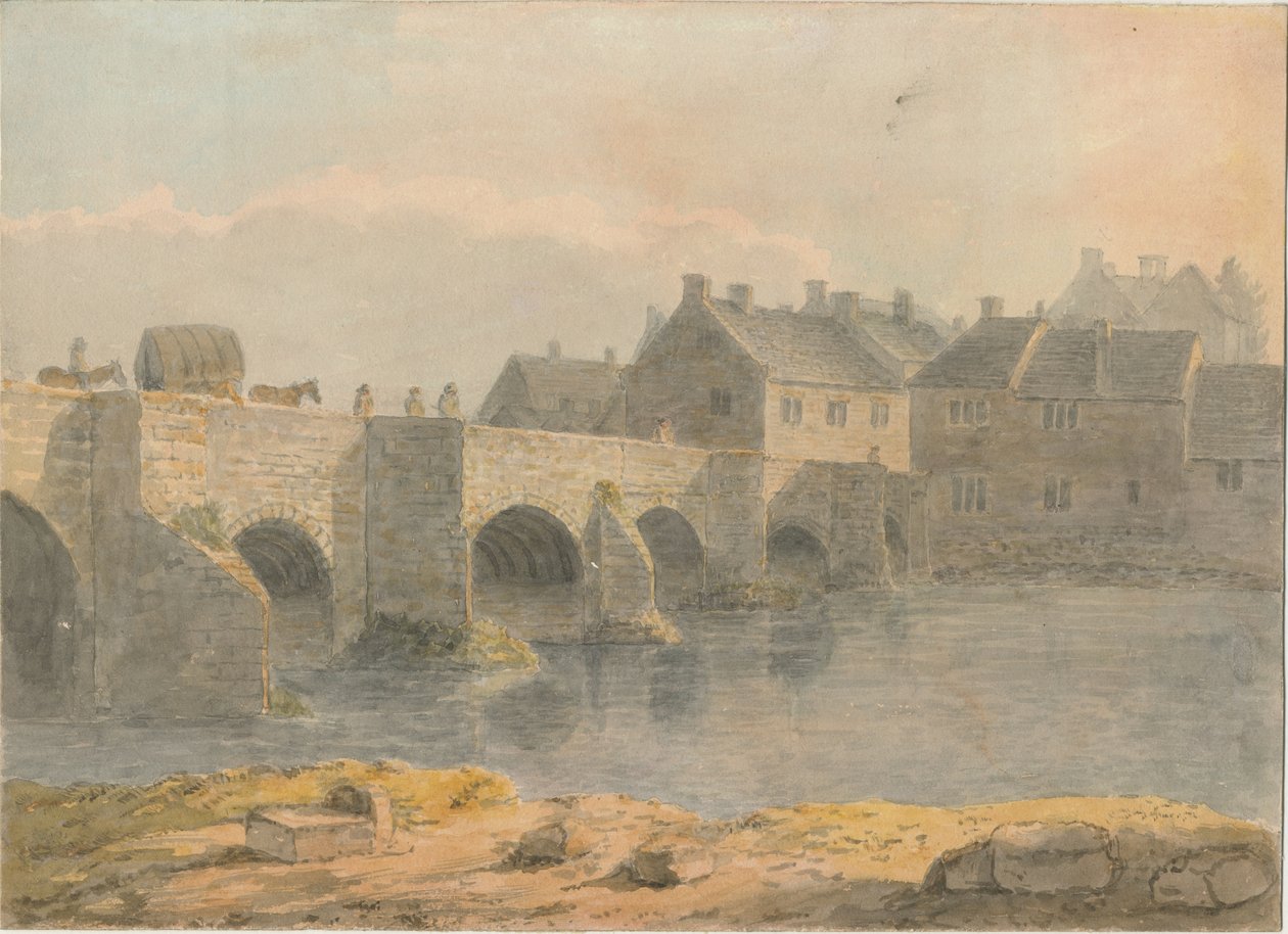 Burton-upon-Trent Bridge and Town: malowanie akwarelą i [?XVIII wiek] autorstwa John Buckler