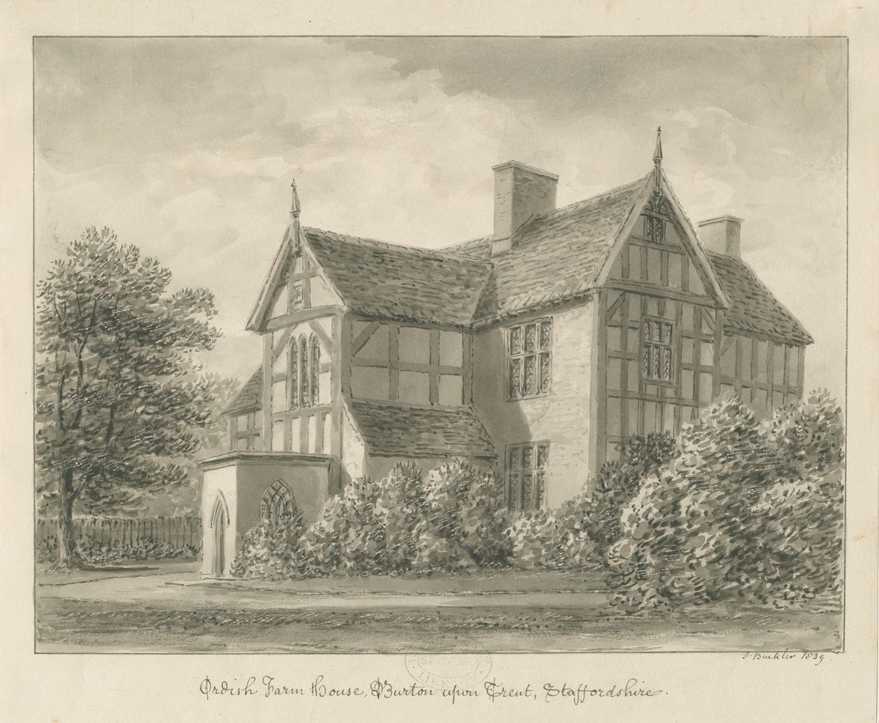 Burton-upon-Trent: Ordish Farm House: rysunek w sepii, 1839 autorstwa John Buckler