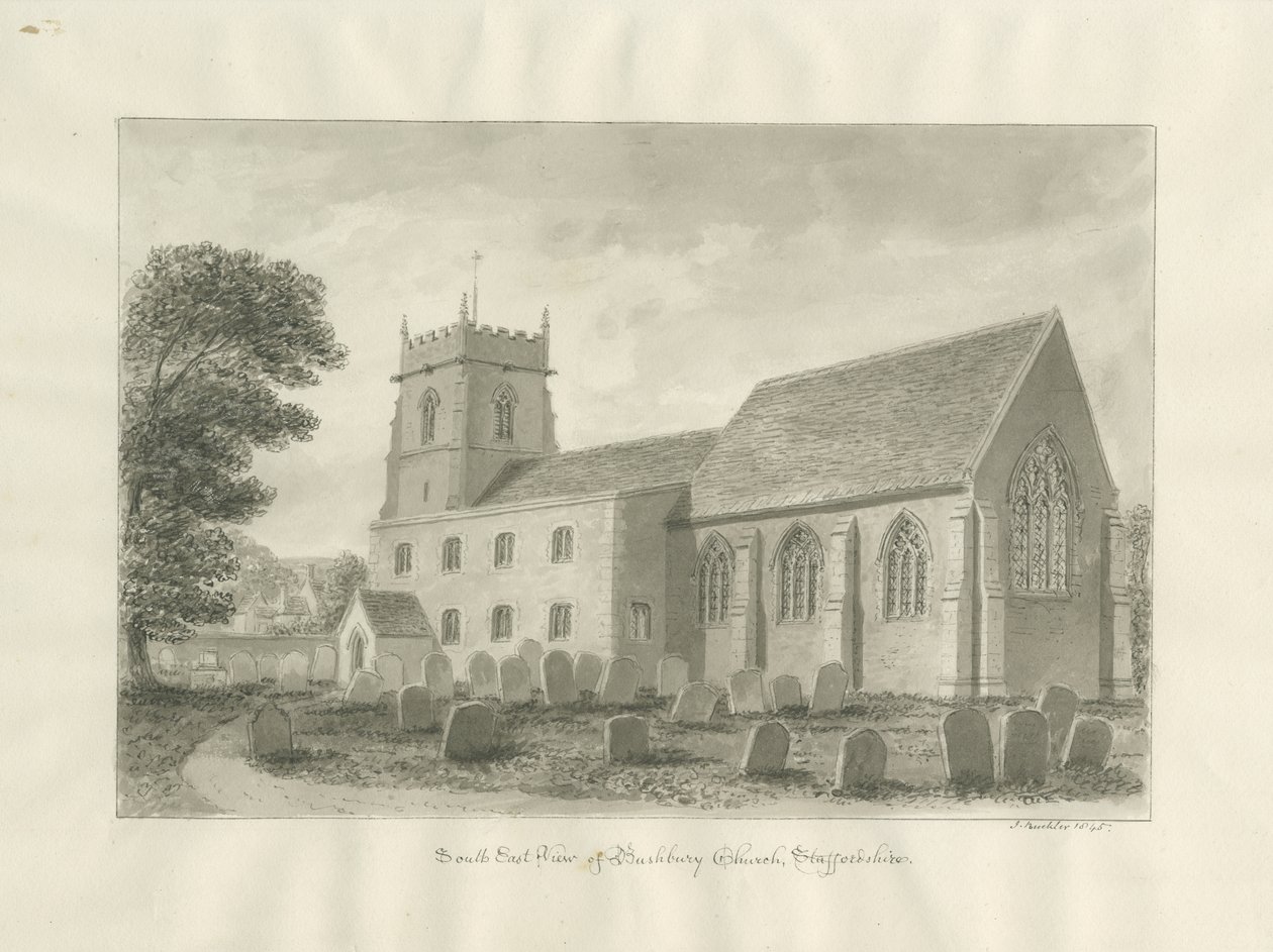 Kościół w Bushbury: rysunek w sepii, 1845 autorstwa John Buckler