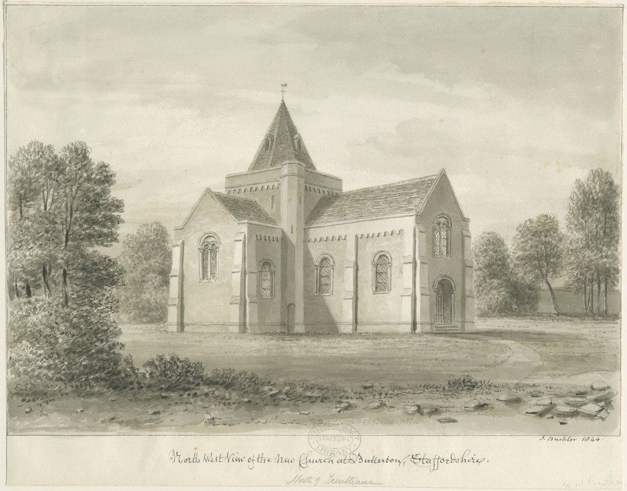 Butterton - kościół św. Tomasza: rysunek w sepii, 1844 autorstwa John Buckler