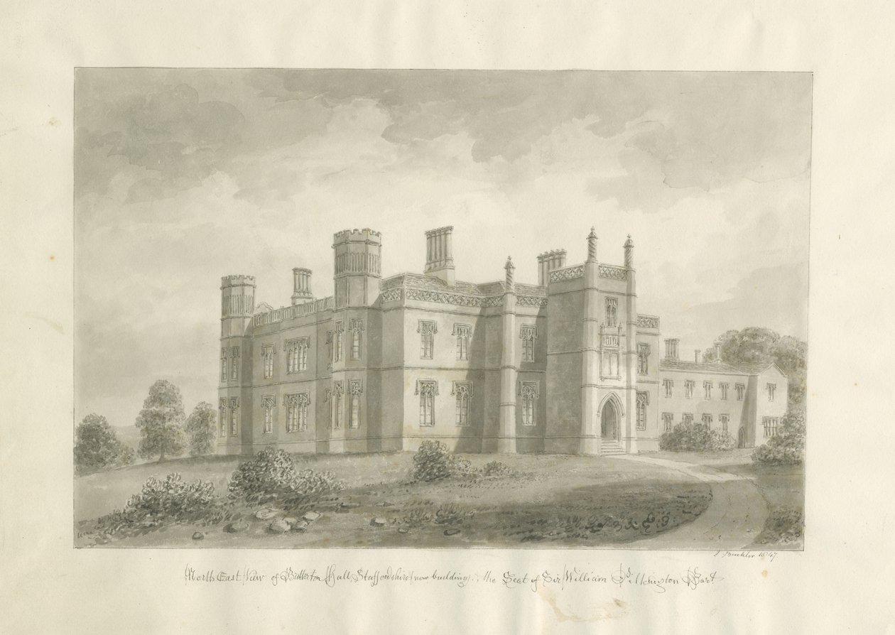 Butterton Hall: rysunek w sepii autorstwa John Buckler