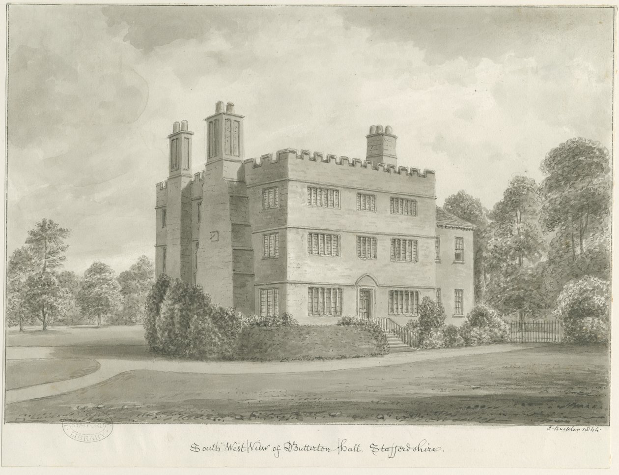 Butterton Hall: rysunek w sepii, 1844 autorstwa John Buckler