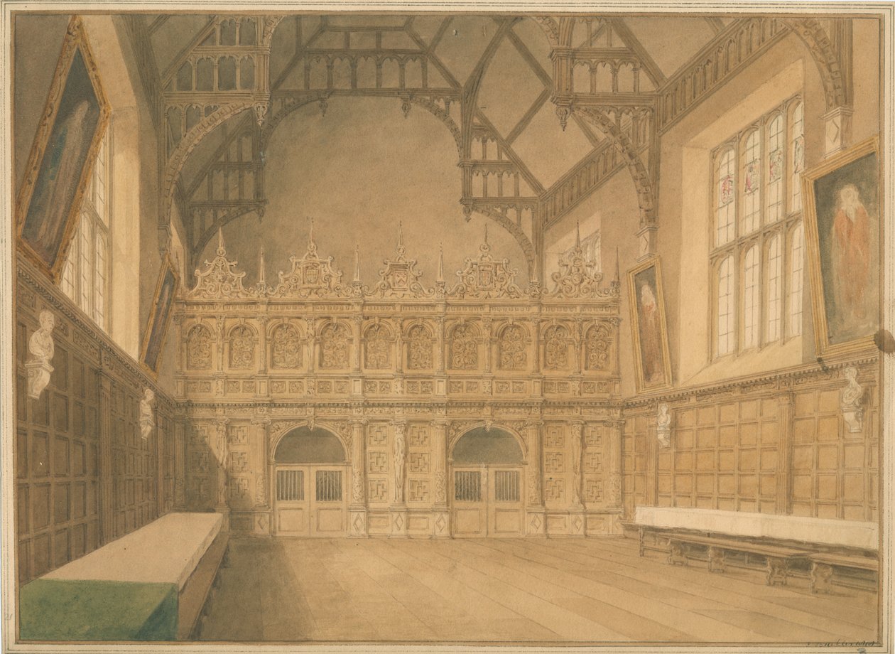 Cambridgeshire - Trinity College Hall - Widok wnętrza autorstwa John Buckler