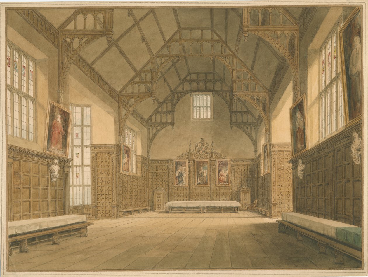 Cambridgeshire - Trinity College Hall - Widok wnętrza, 1818 autorstwa John Buckler