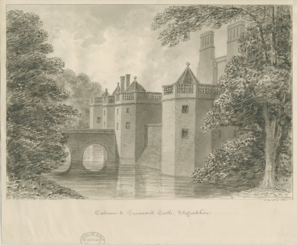 Zamek Caverswall: rysunek w sepii, 1840 autorstwa John Buckler