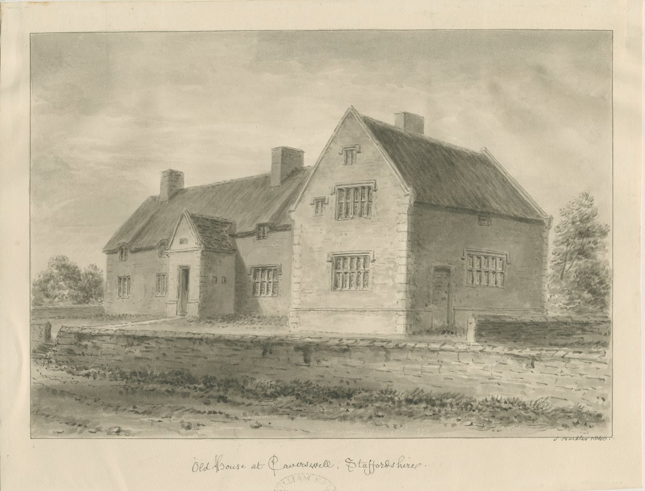 Caverswall Village - Stare domy: rysunek w sepii autorstwa John Buckler
