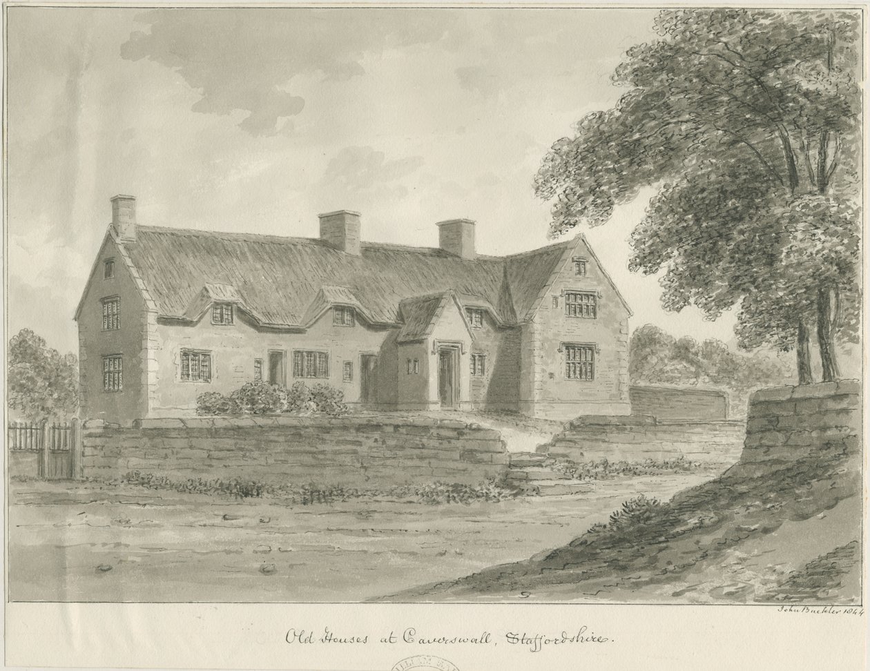 Caverswall Village - Stare domy: rysunek w sepii, 1840 autorstwa John Buckler