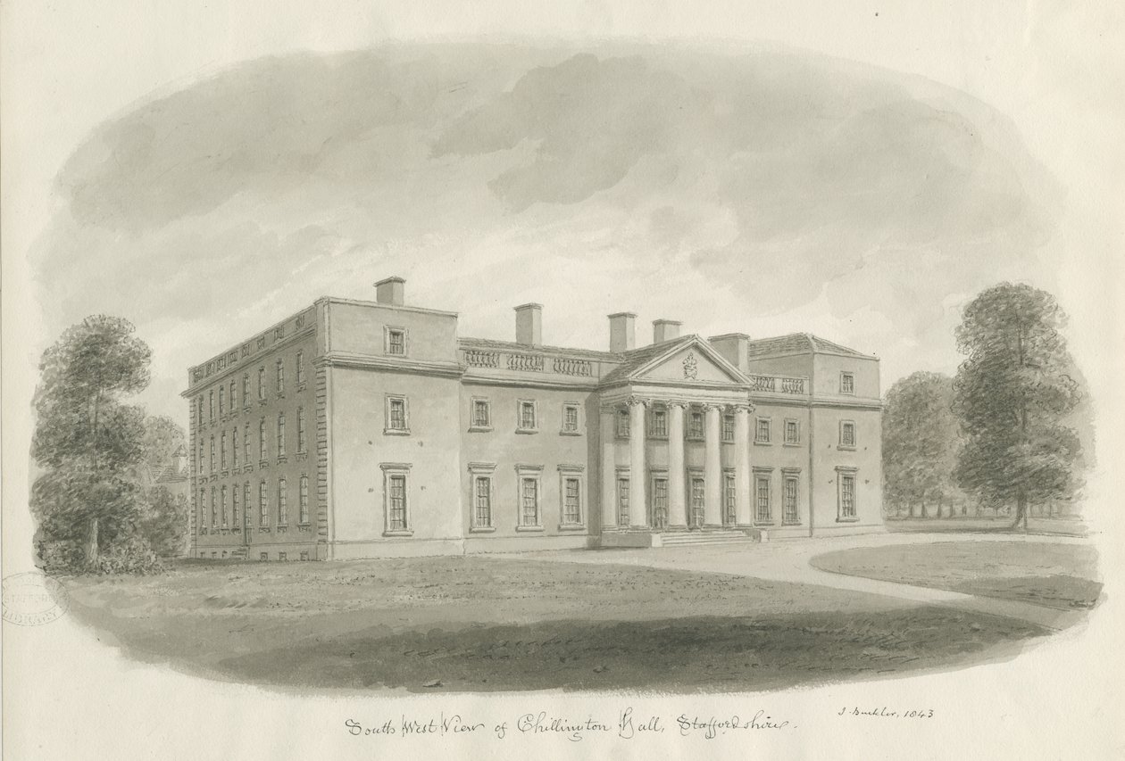Chillington Hall: rysunek w sepii autorstwa John Buckler
