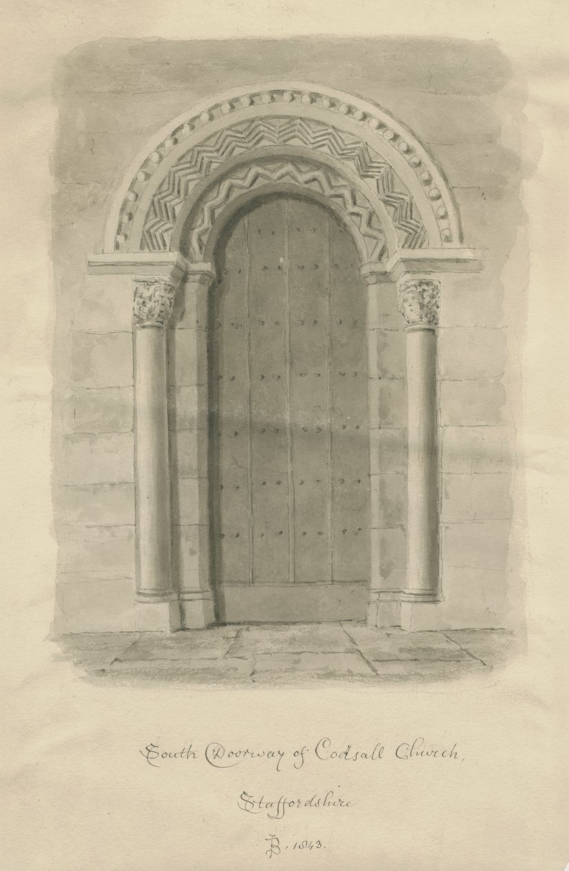 Codsall Church - South Doorway: rysunek w sepii autorstwa John Buckler