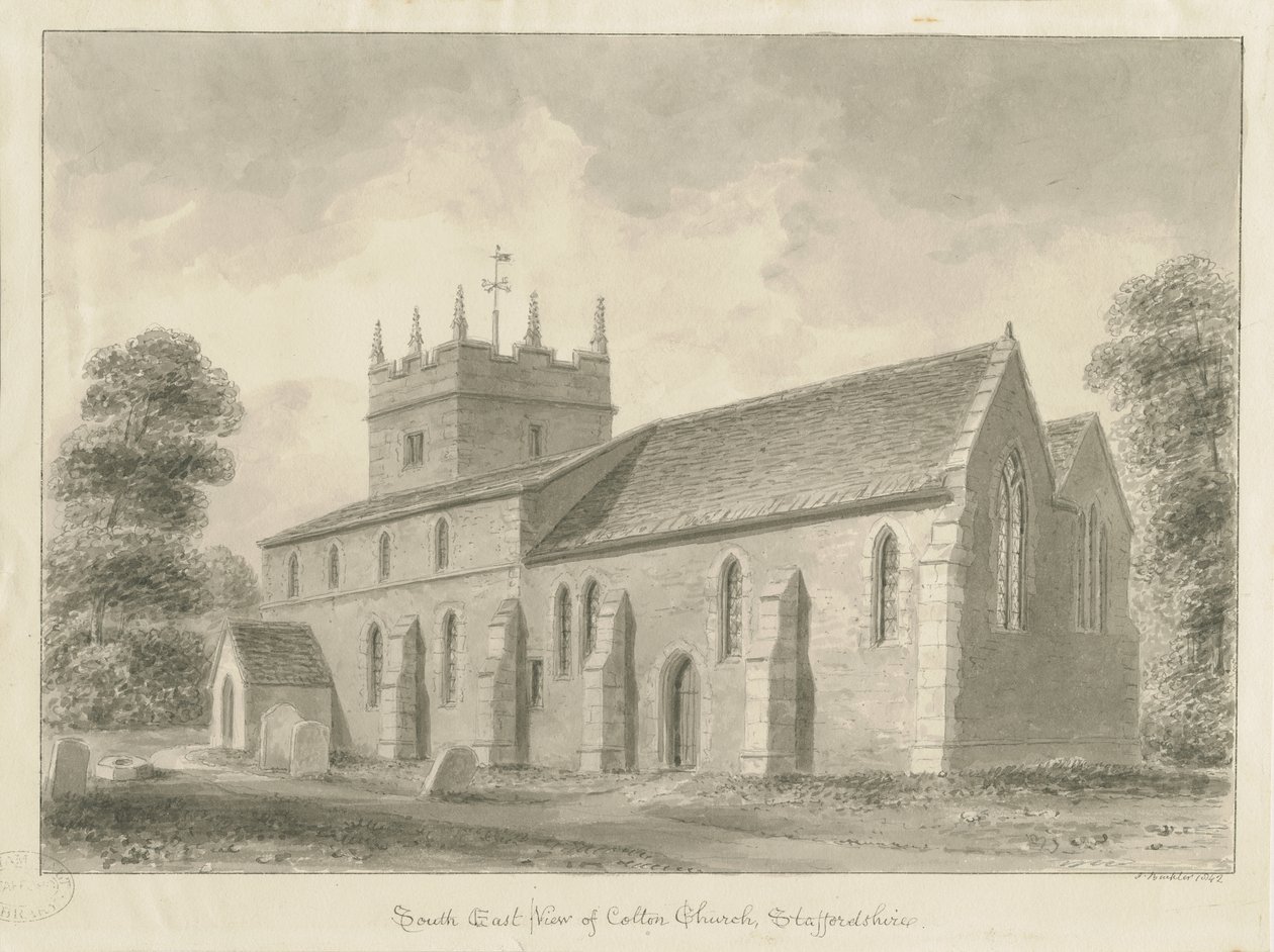 Colton Church: rysunek w sepii, 1842 autorstwa John Buckler