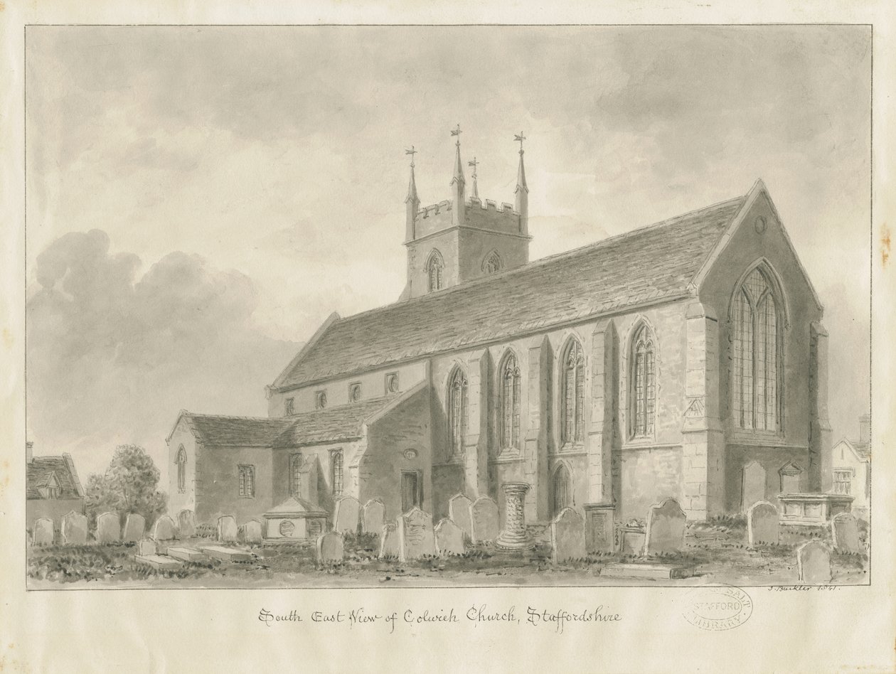 Kościół Colwich: rysunek w sepii, 1841 autorstwa John Buckler