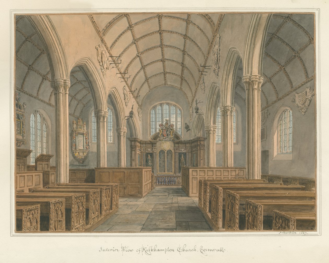 Kornwalia - Kościół Kilkhampton - Widok wnętrza, 1827 autorstwa John Buckler