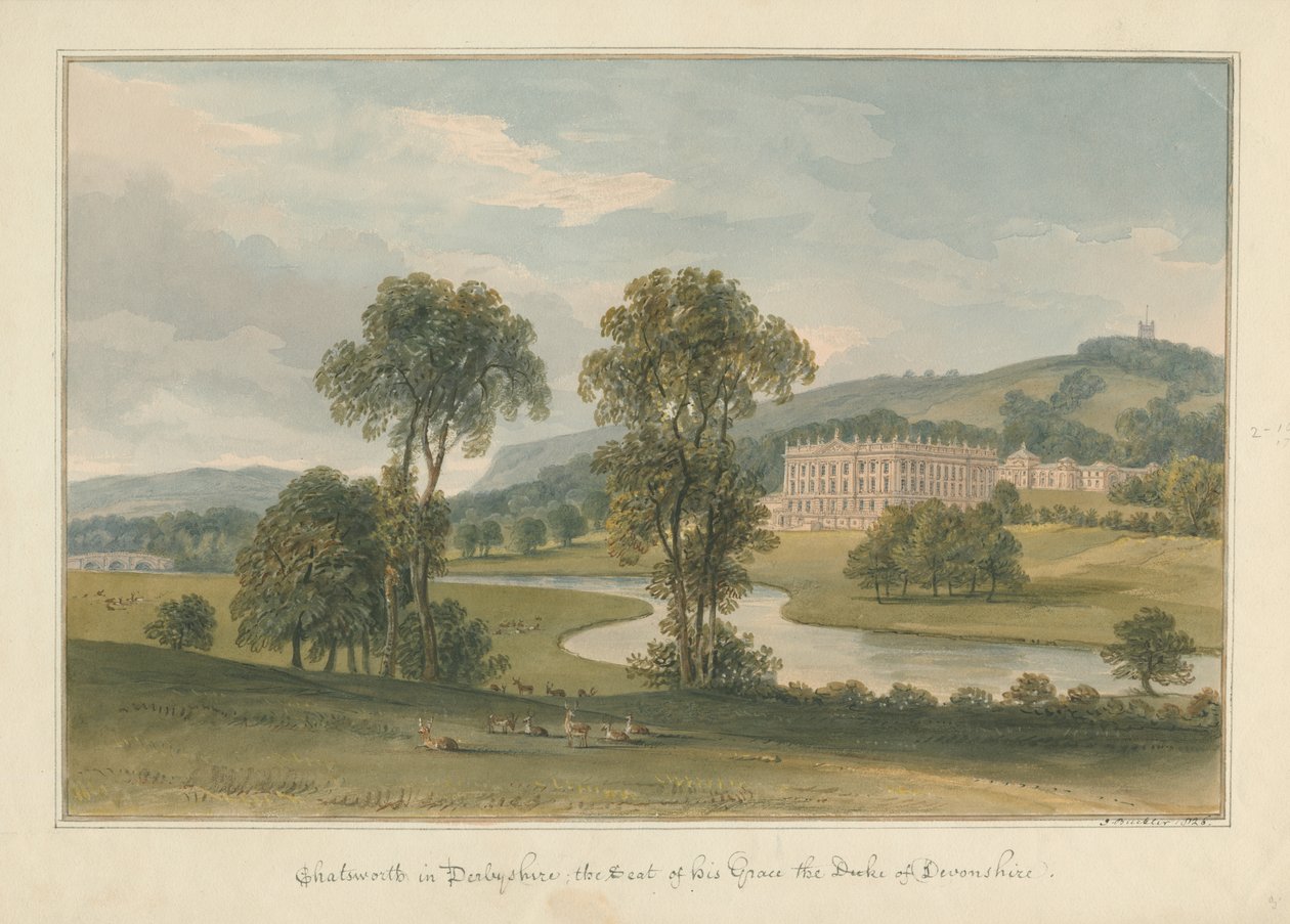 Derbyshire — Chatsworth Hall autorstwa John Buckler