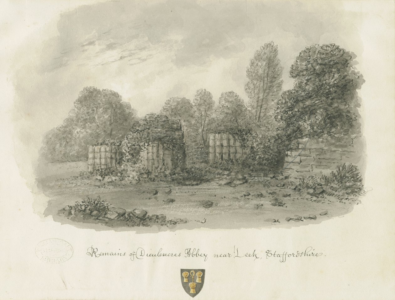 Opactwo Dieulacres: rysunek rozmyty w sepii, 1847 autorstwa John Buckler
