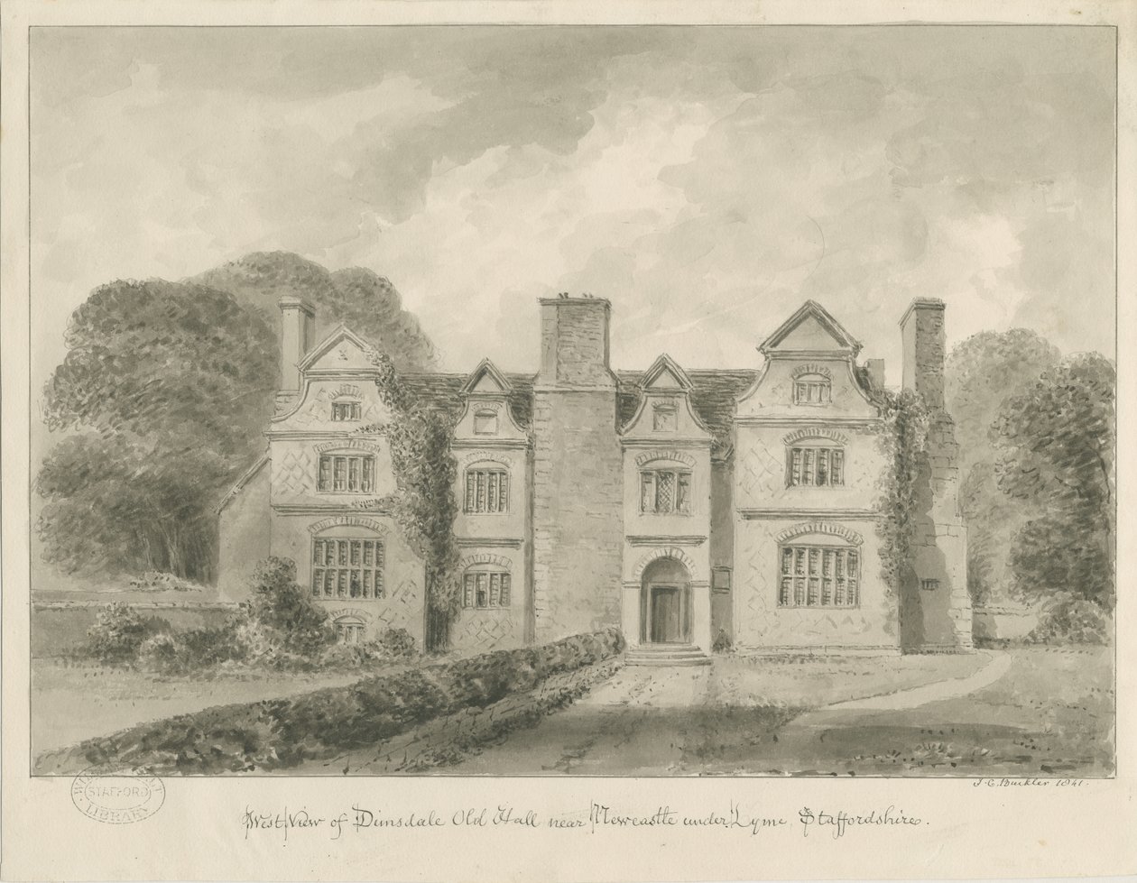 Dimsdale Old Hall: rysunek w sepii, 1841 autorstwa John Buckler