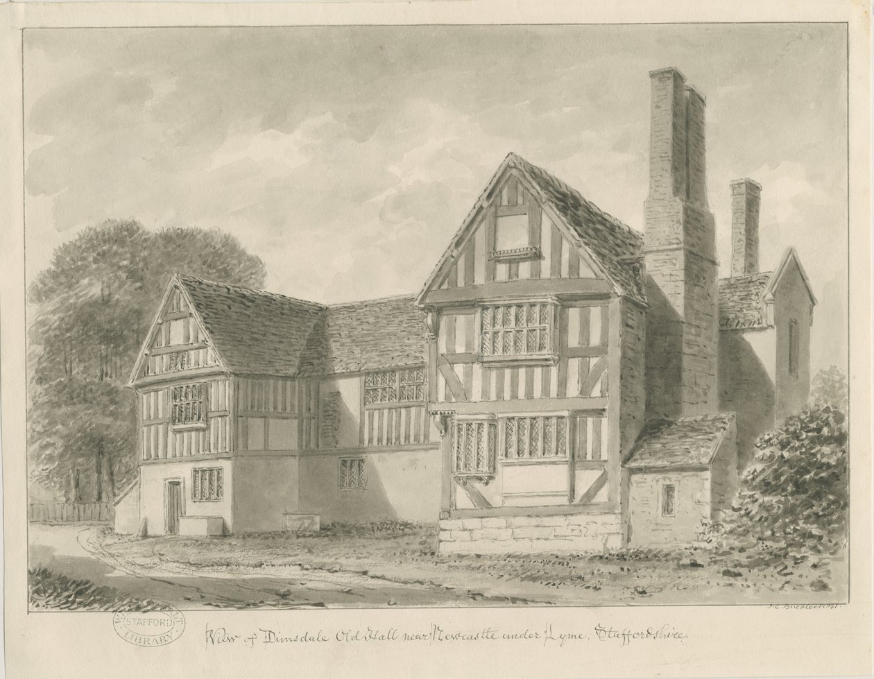 Dimsdale Old Hall: rysunek w sepii, 1841 autorstwa John Buckler