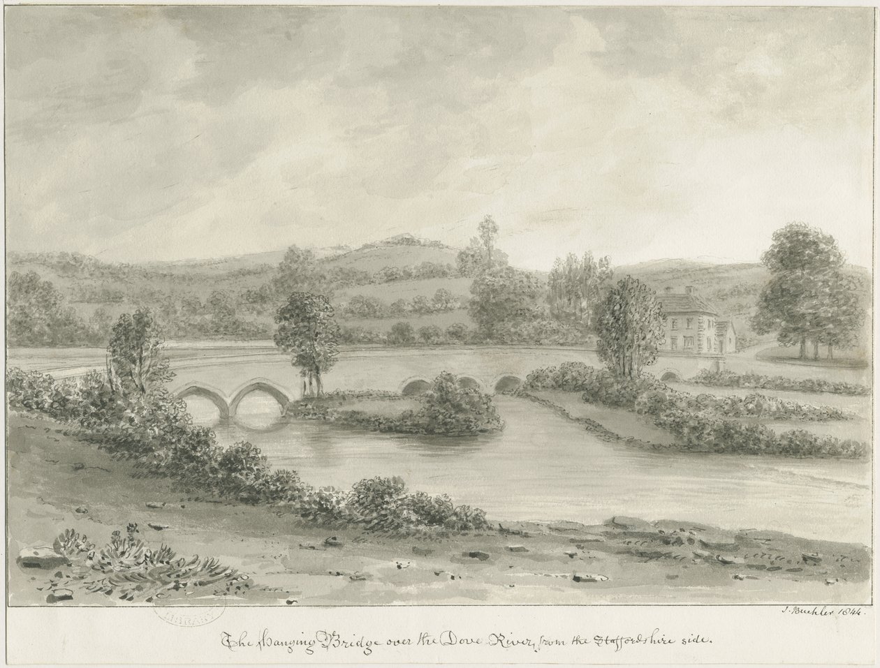 Dovedale - "Wiszący most": rysunek w sepii autorstwa John Buckler